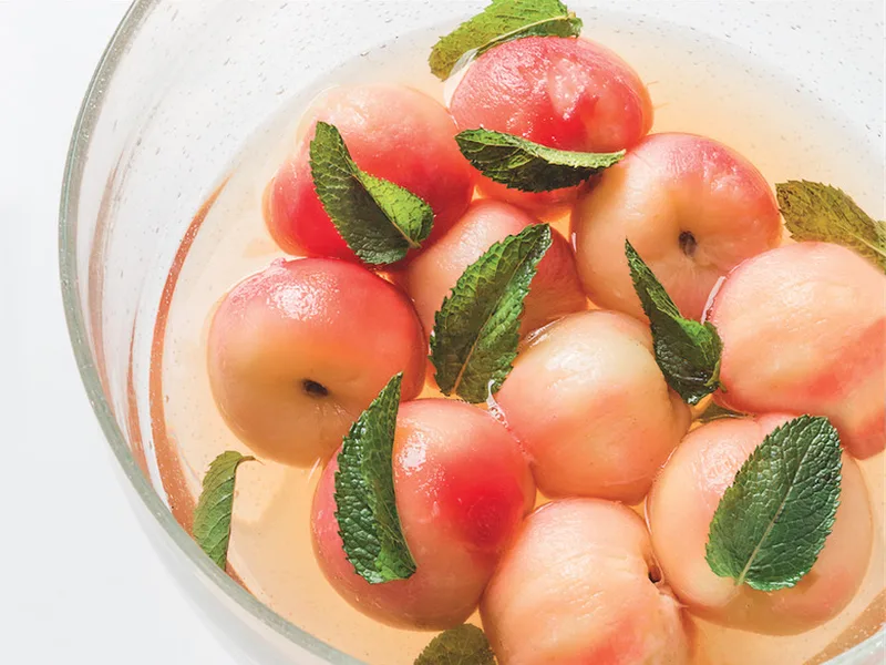 Poached Peaches in Green Tea Syrup with Fresh Mint
