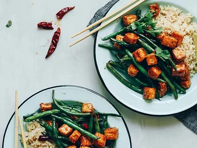 Crispy Baked Tofu Stir-Fry with Almond Butter Tamari Sauce