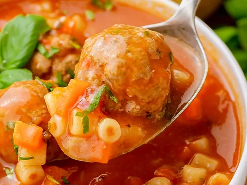 Italian Meatball Soup with Ditalini Pasta and Fresh Herbs