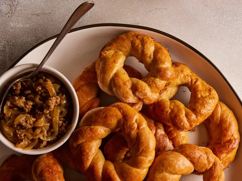Twisted Challah Ring with Savory Onion-Meat Dip