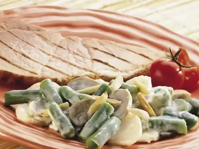 Cheesy Green Bean Casserole with Water Chestnuts and Mushrooms