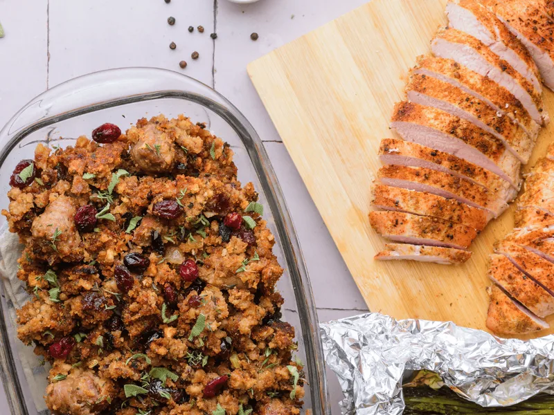 Ninja Speedi Turkey and Stuffing with Sausage and Asparagus