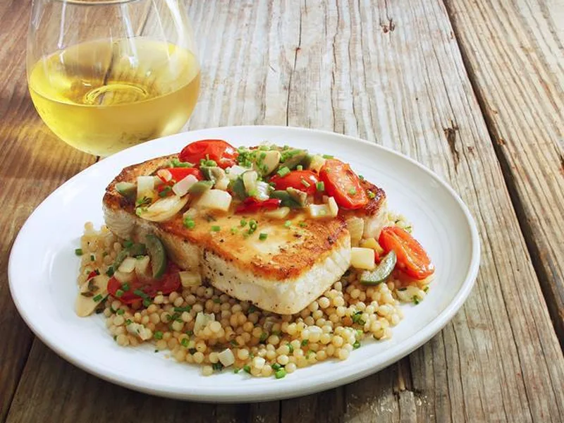 Pan-Roasted Swordfish with Spicy Tomato Wine Sauce