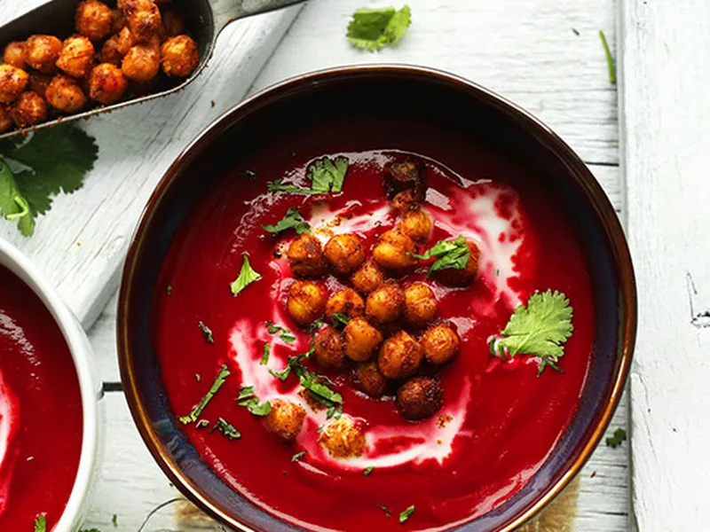 Curried Beet Soup with Crispy Tandoori Chickpeas