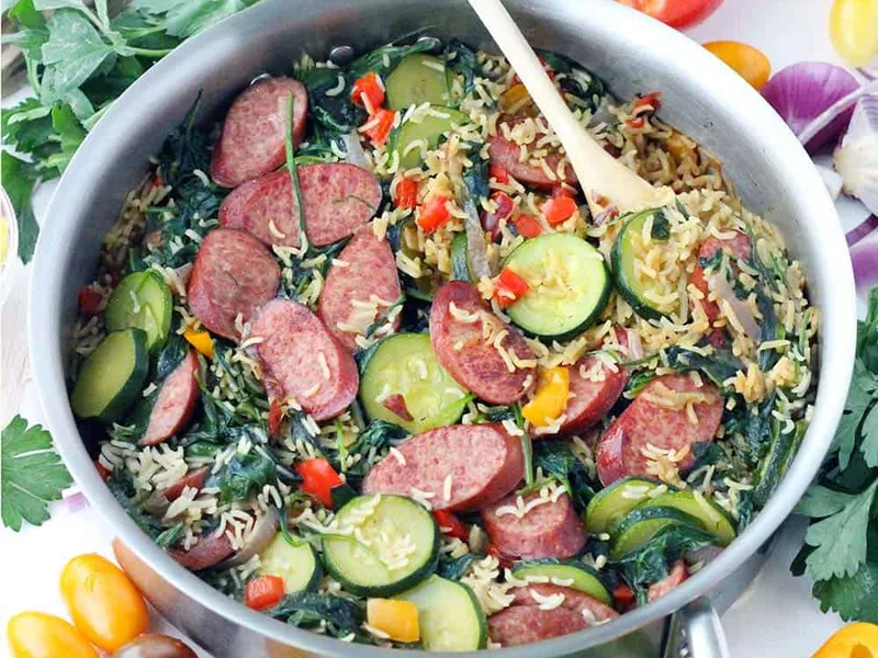 One-Pot Mediterranean Turkey Sausage and Rice Skillet