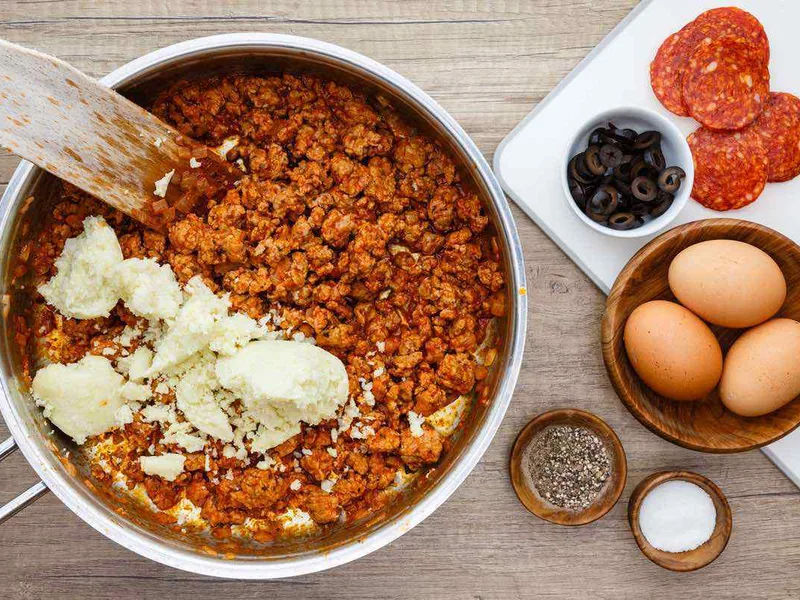 Ground Beef and Cauliflower Rice Pizza Casserole