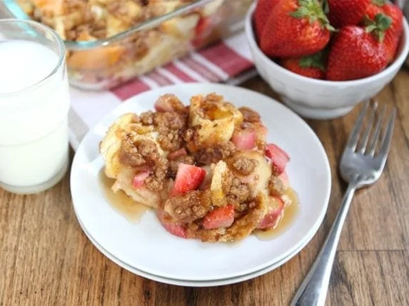Strawberry Rhubarb Baked French Toast with Crumb Topping