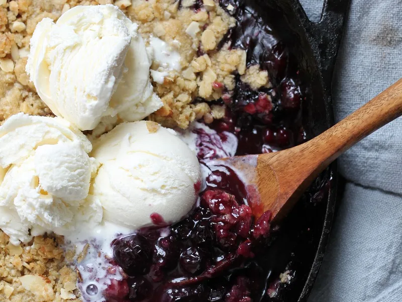 Skillet Mixed Berry Crumble with Oat Almond Topping