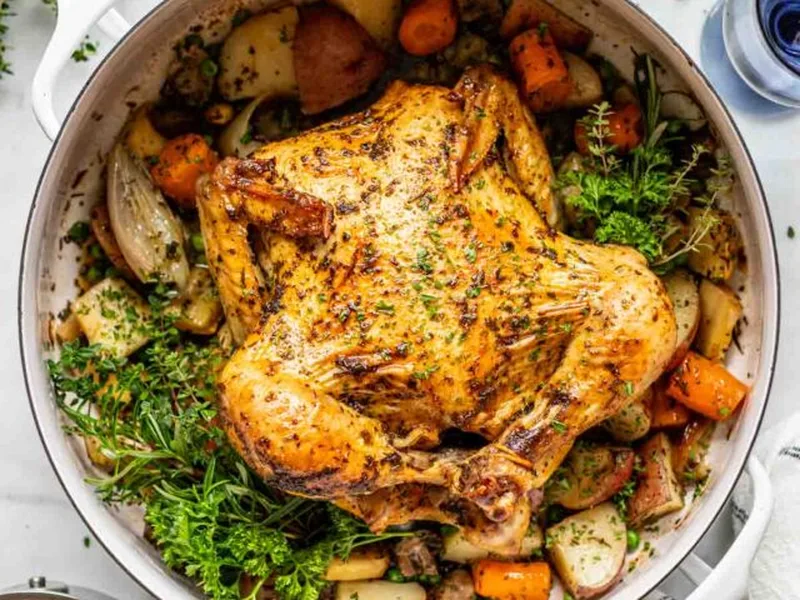 Dutch Oven Whole Roasted Chicken with Root Vegetables