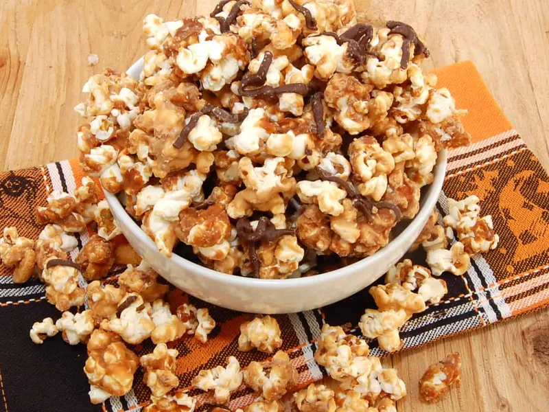 Peanut Butter Cup Caramel Corn with Chocolate Drizzle