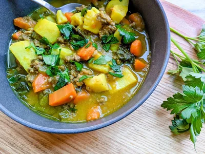 Hearty Ground Bison Stew with Vegetables and Herbs