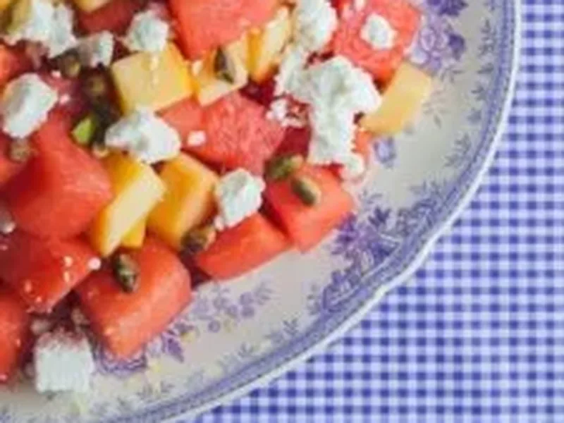 Watermelon Peach Feta Salad with Lemon Allspice Dressing