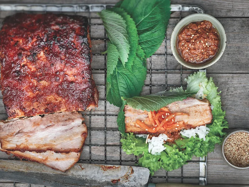 Korean Pork Belly Lettuce Wraps with Doenjang Glaze