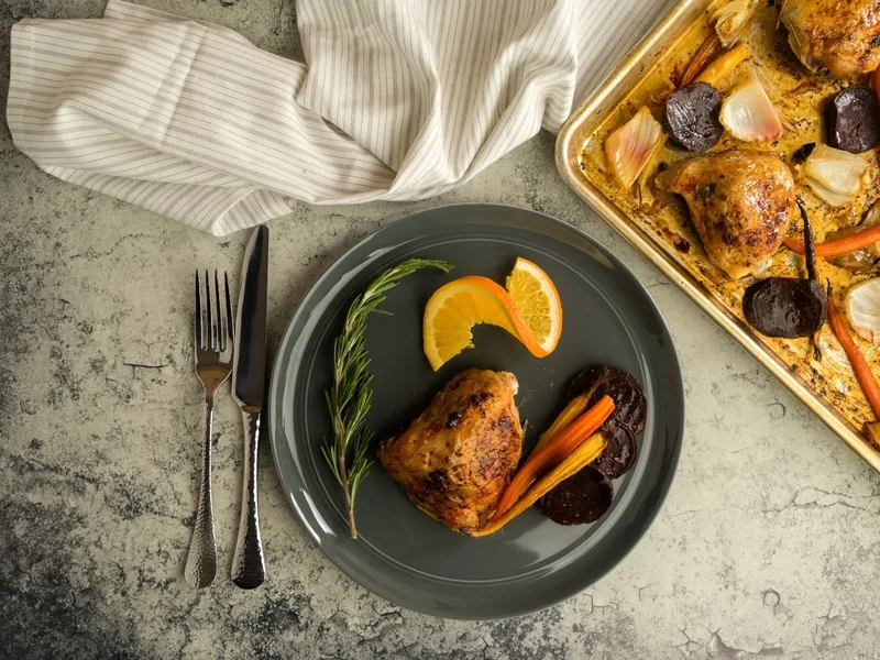 One-Pan Roasted Chicken Thighs with Citrus Beets and Fennel