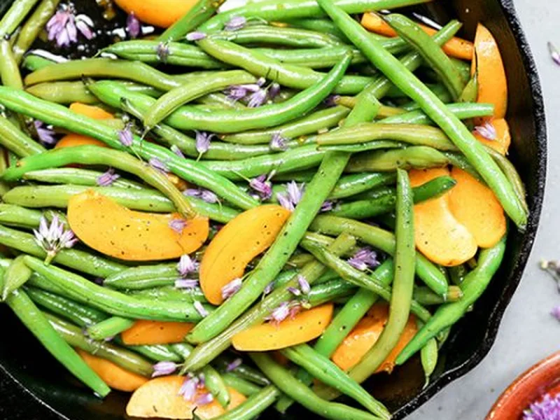 Blistered Green Beans with Apricots and Chive Blossoms