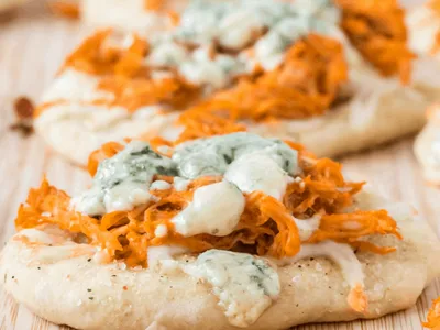 Buffalo Chicken Pizza Bites with Blue Cheese and Mozzarella