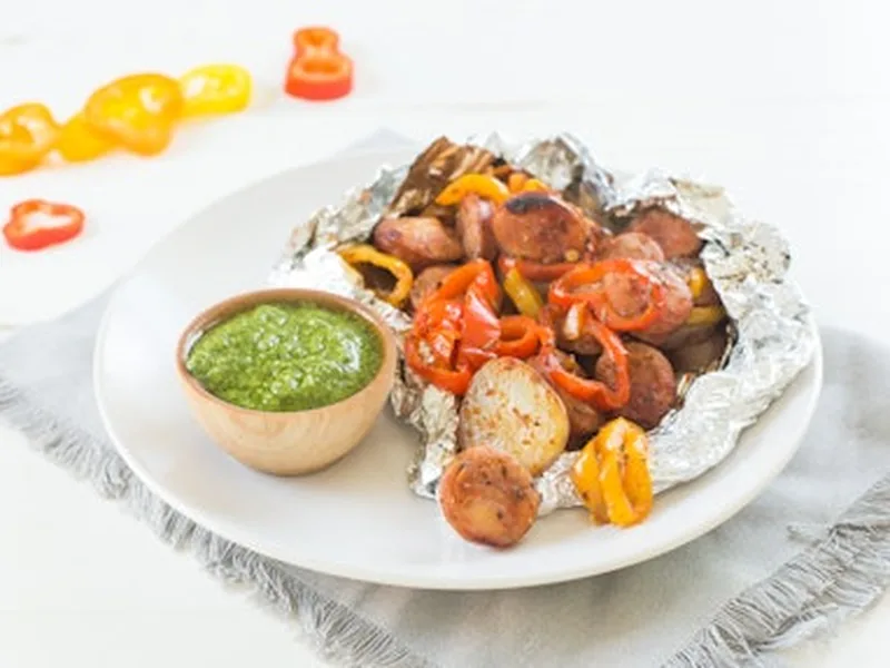 Foil Packet Italian Sausage and Peppers with Sweet Potatoes
