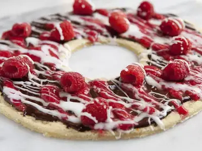 Chocolate Raspberry Sugar Cookie Wreaths with Glaze