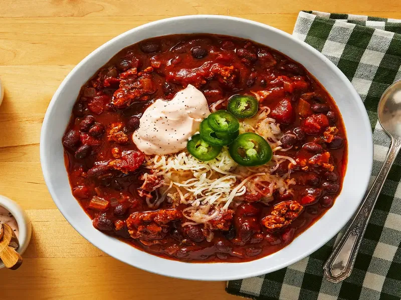Spicy Ground Pork Black Bean Chili with Monterey Jack