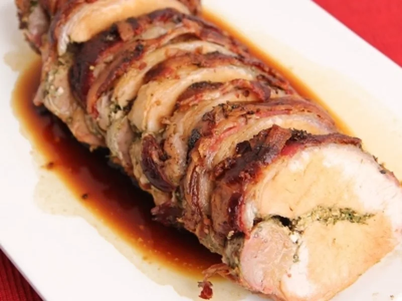 Herb-Stuffed Pork Loin with Pancetta and Wine Jus