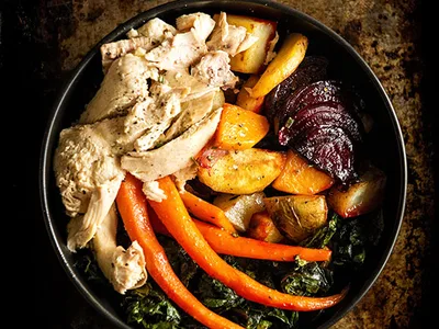 Roasted Root Vegetable Chicken Bowl with Maple Cinnamon Aioli