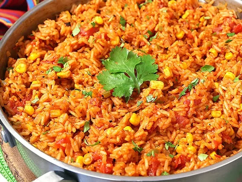 Restaurant Style Mexican Red Rice with Tomatoes and Corn