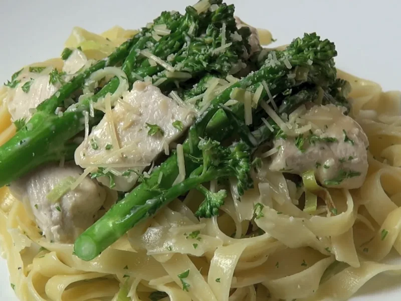 Creamy Chicken Leek Fettuccine with Broccolini