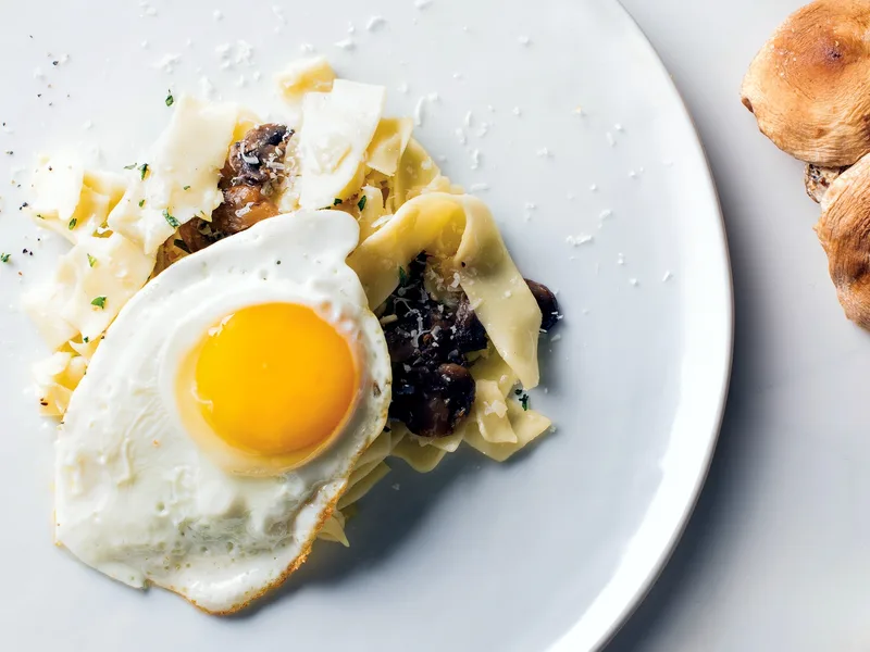 Caramelized Leek and Mushroom Egg Noodles with Fried Eggs