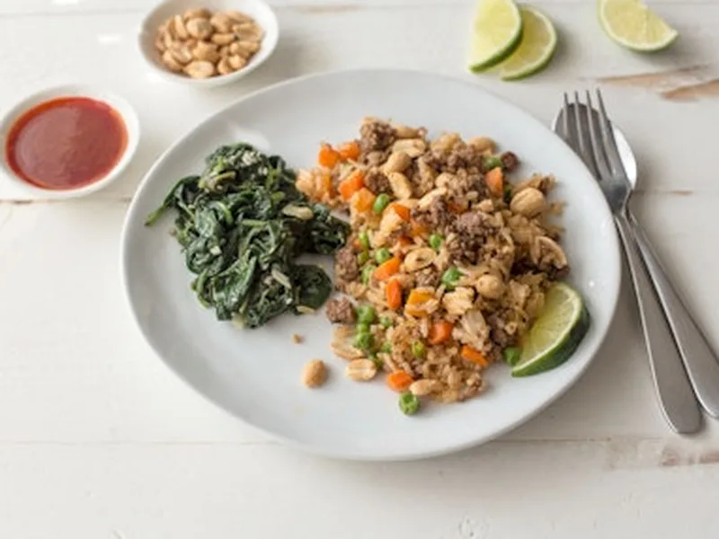 Gochujang Beef Fried Rice with Asian Vegetables and Spinach