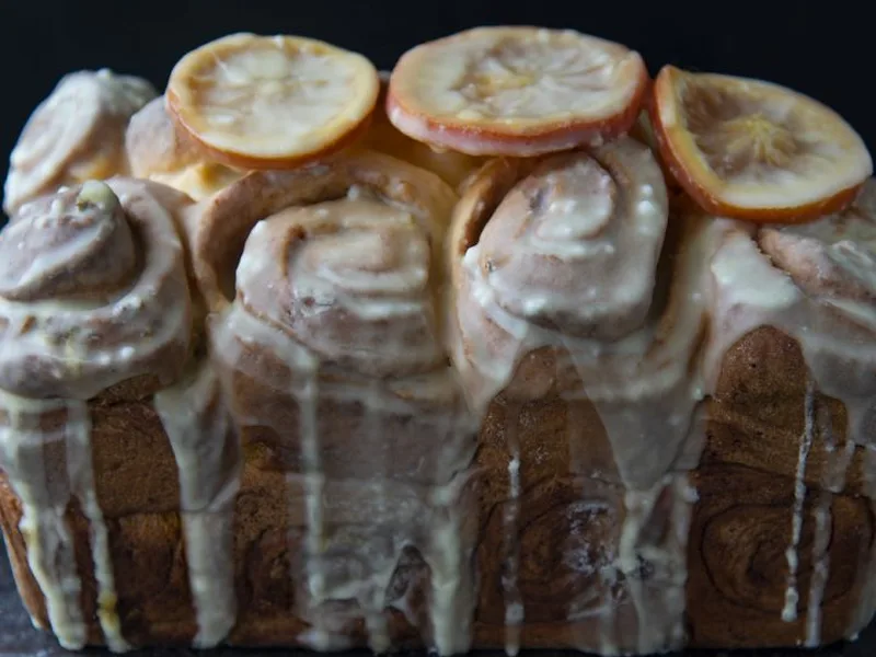 Orange Cinnamon Roll Loaf with Sweet Candied Peel Glaze