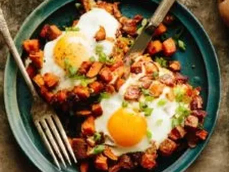 Baked Chorizo and Sweet Potato Brunch Hash with Eggs