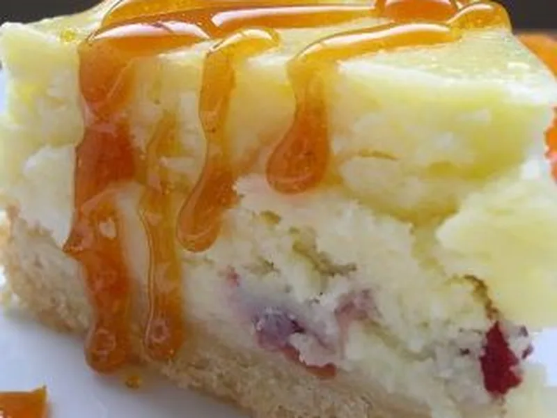 White Chocolate Cranberry Cheesecake with Satsuma Caramel