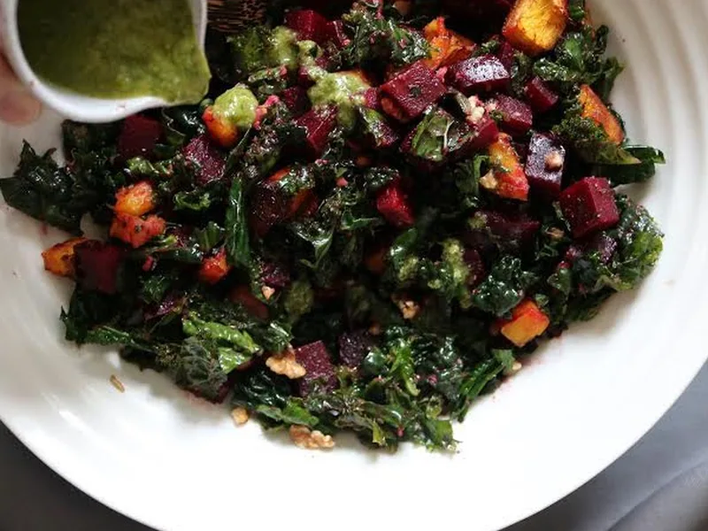 Roasted Beet Squash Kale Salad with Walnut Pesto Dressing