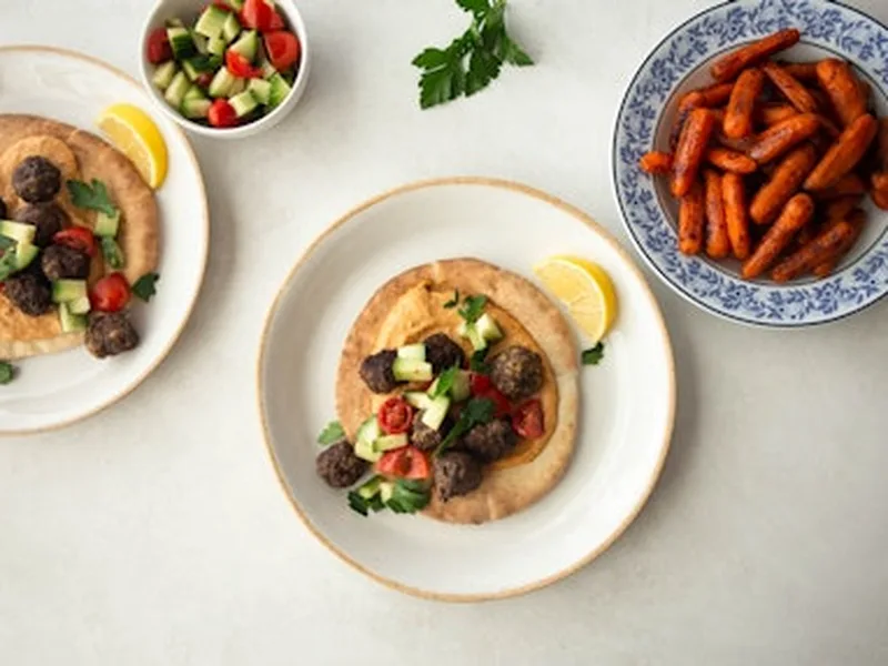 Persian Spiced Beef Meatballs in Pita with Harissa Hummus