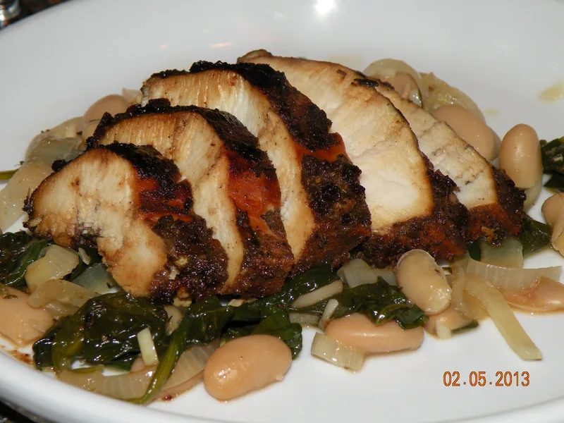 Balsamic Chicken with White Beans and Wilted Spinach