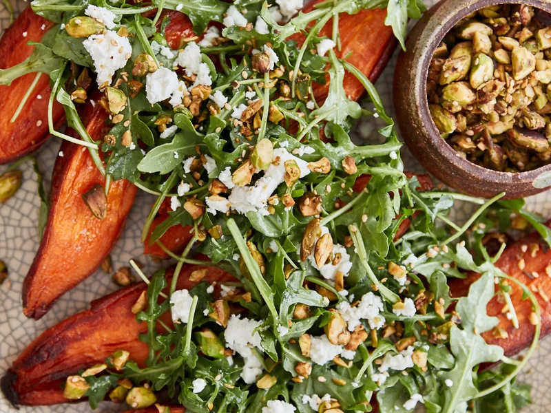 Roasted Sweet Potatoes with Sesame-Pistachio Topping and Miso-Citrus Dressing