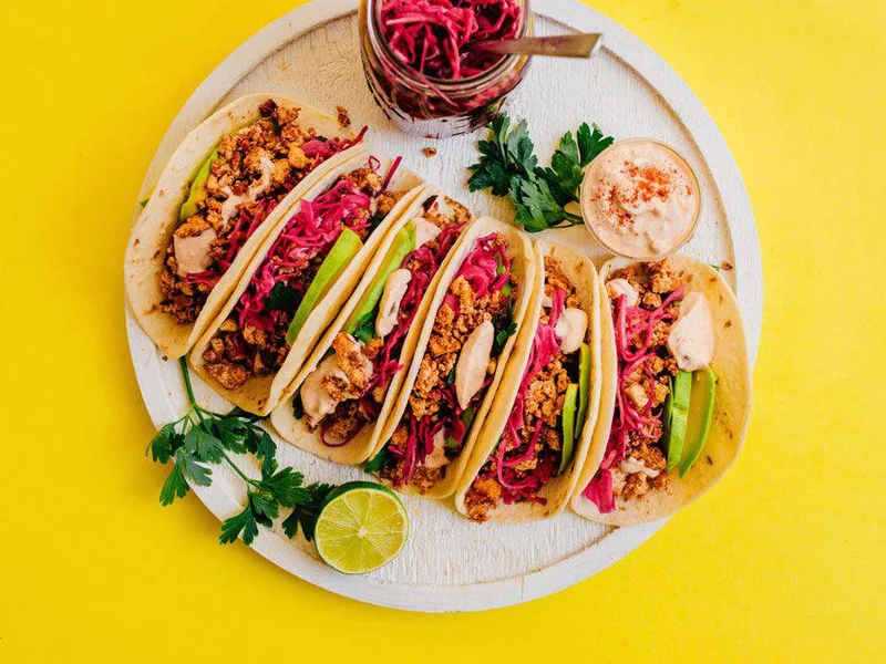 Crispy Tofu Soyrizo Tacos with Adobo Crème
