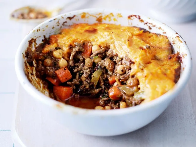 Spiced Beef Balti Pie with Sweet Potato Mash