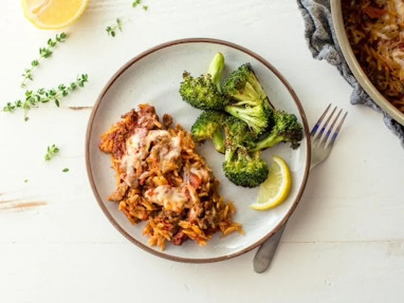 Baked Italian Sausage and Cheese Orzo with Roasted Broccoli
