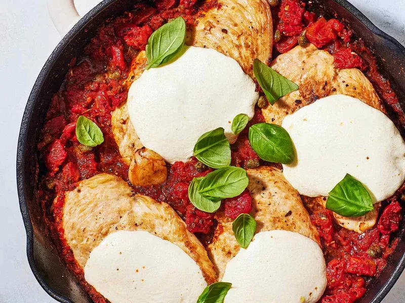 Italian Chicken Pizzaiola with Melted Mozzarella and Capers