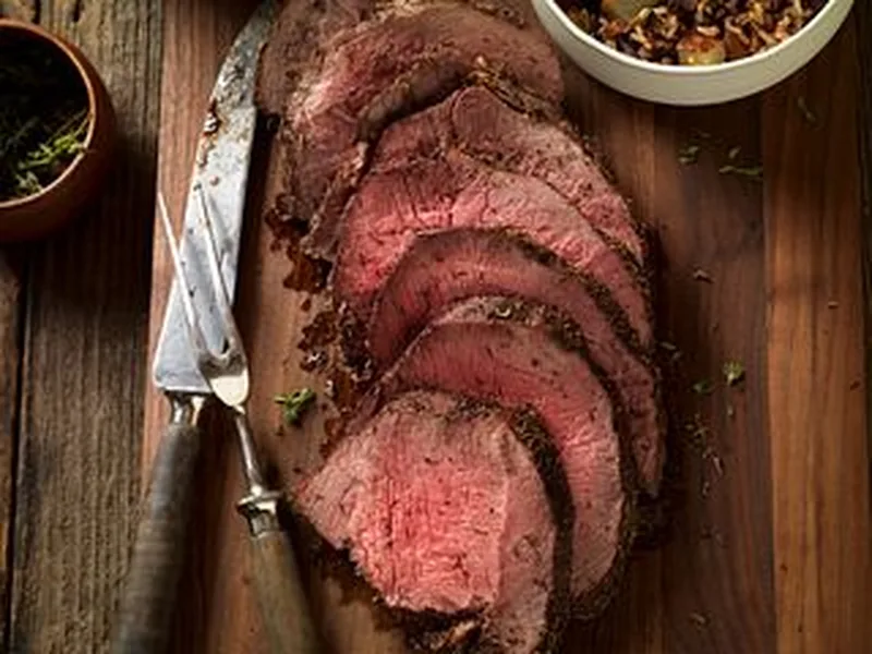 Thyme-Rubbed Sirloin Tip Roast with Pear Wild Rice