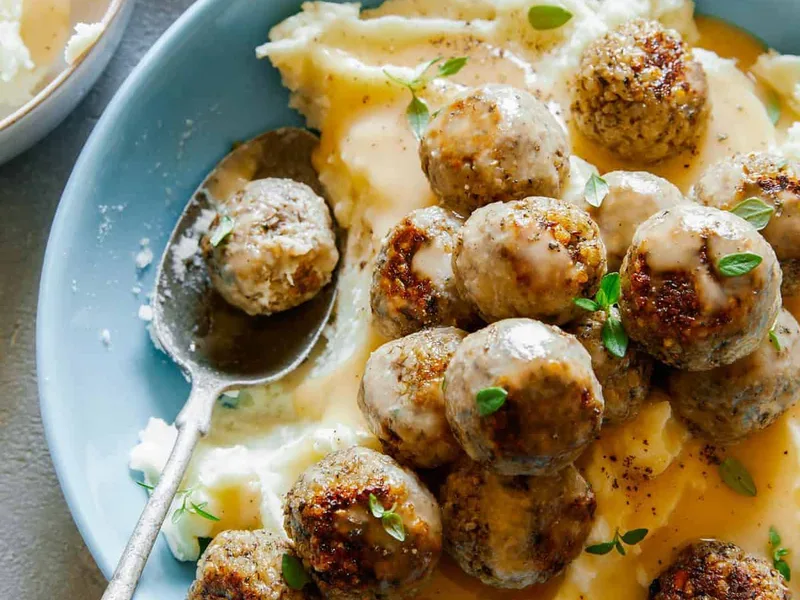 Vegan Swedish Meatballs with Mashed Potatoes and Gravy