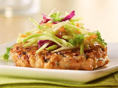Pan-Fried Teriyaki Salmon Cakes with Asian Slaw