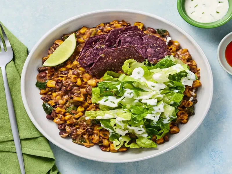 Charred Corn Black Bean Skillet with Crispy Tortilla Chips