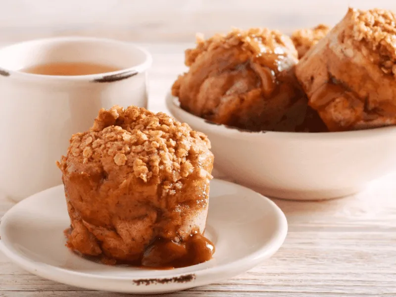 Air Fryer Caramel Apple Cinnamon Muffins with Pecan Streusel