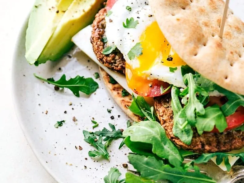Breakfast Pitas with Chicken Sausage and Fried Eggs