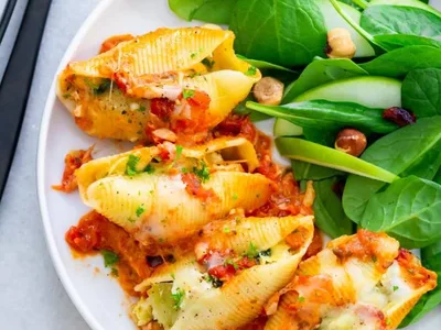 Spinach Artichoke Stuffed Shells with Creamy Tomato Sauce