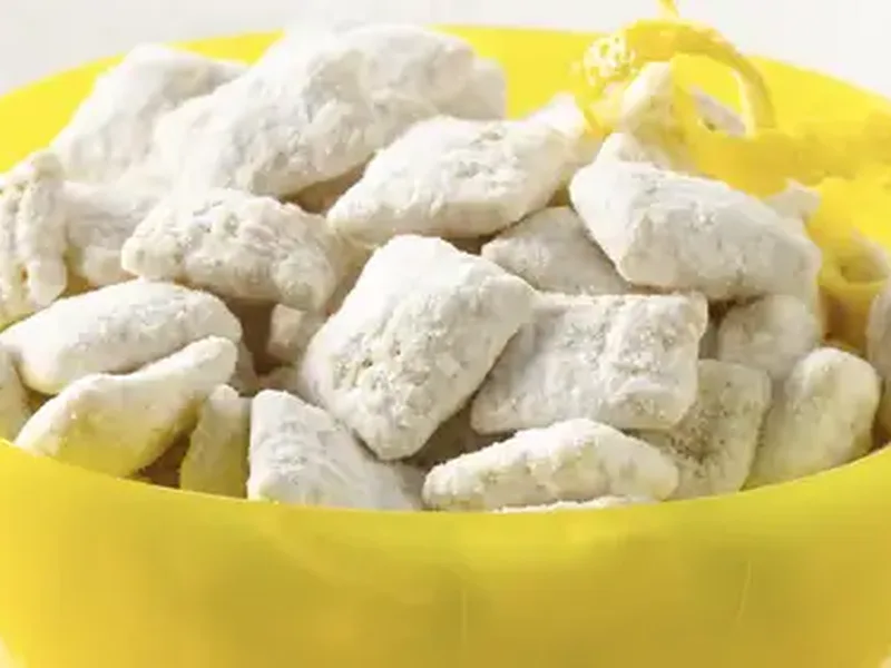 Lemon Buddies Chex Mix with White Chocolate and Powdered Sugar