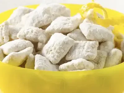 Lemon Buddies Chex Mix with White Chocolate and Powdered Sugar