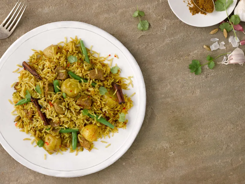 Lamb Biryani with Potatoes and Green Beans